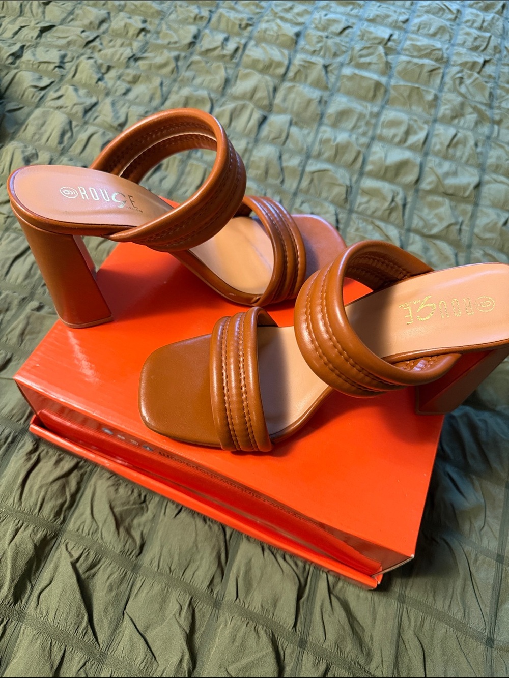 Ruche Tan Double-Strap Block Heel Mules